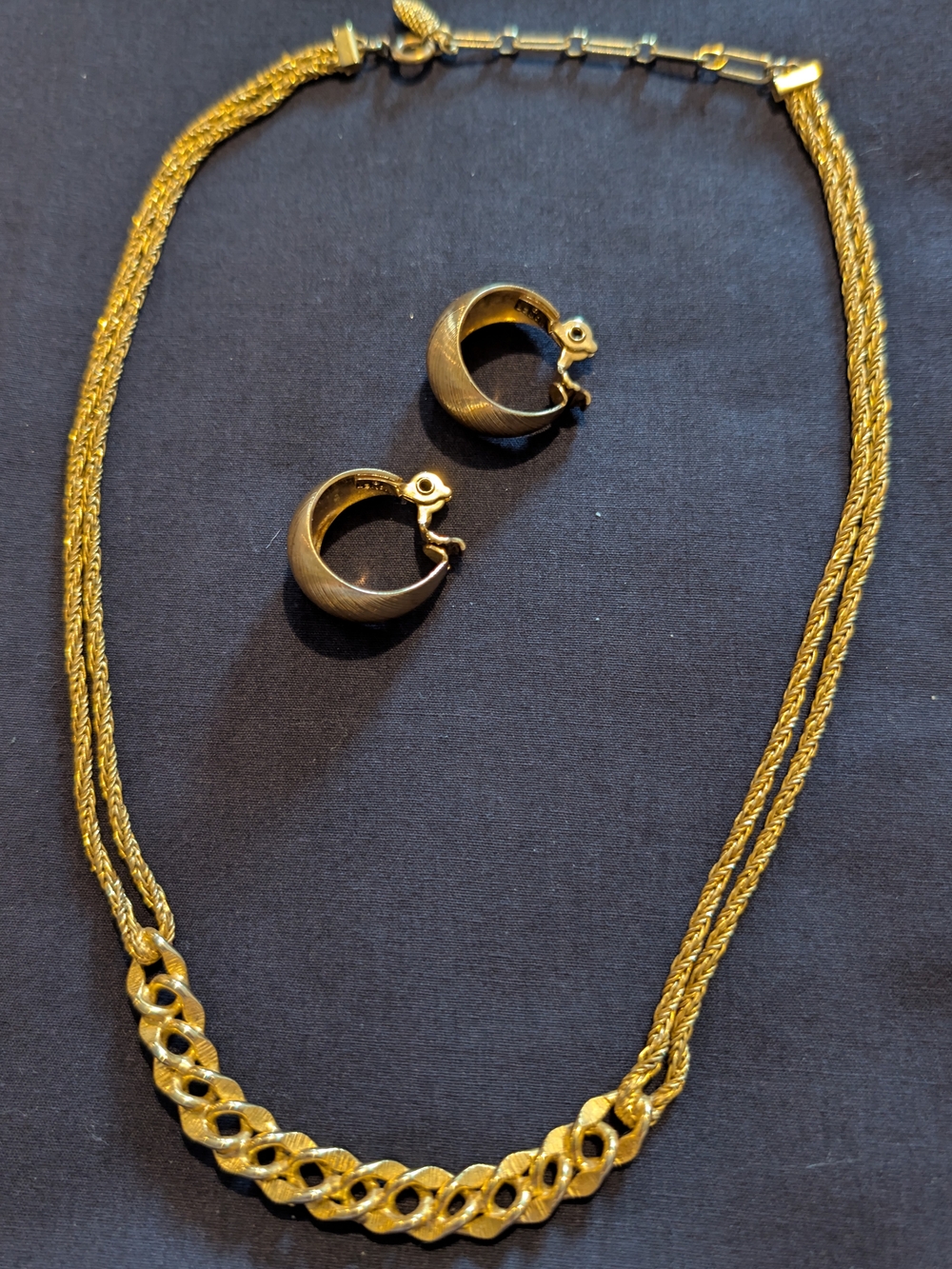 Vintage Monet Multistrand Chain Collar Necklace & Money Gold Tone Hoop Clipons